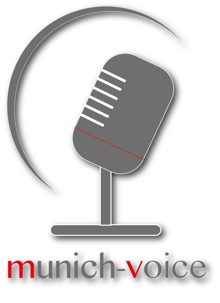 graues Mikrofon mit rot-grauer Schrift, munich-voice, Logo